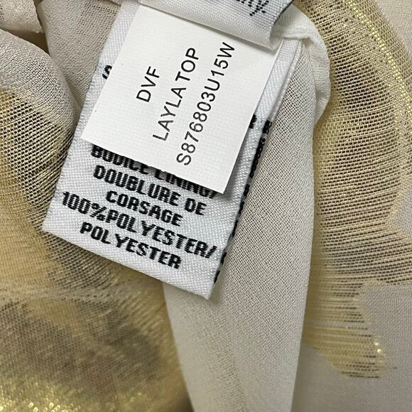 Diane von Furstenberg Ivory Gold Foil Floral Print Sheer Silk Layla Top Size 2 - Picture 8 of 10